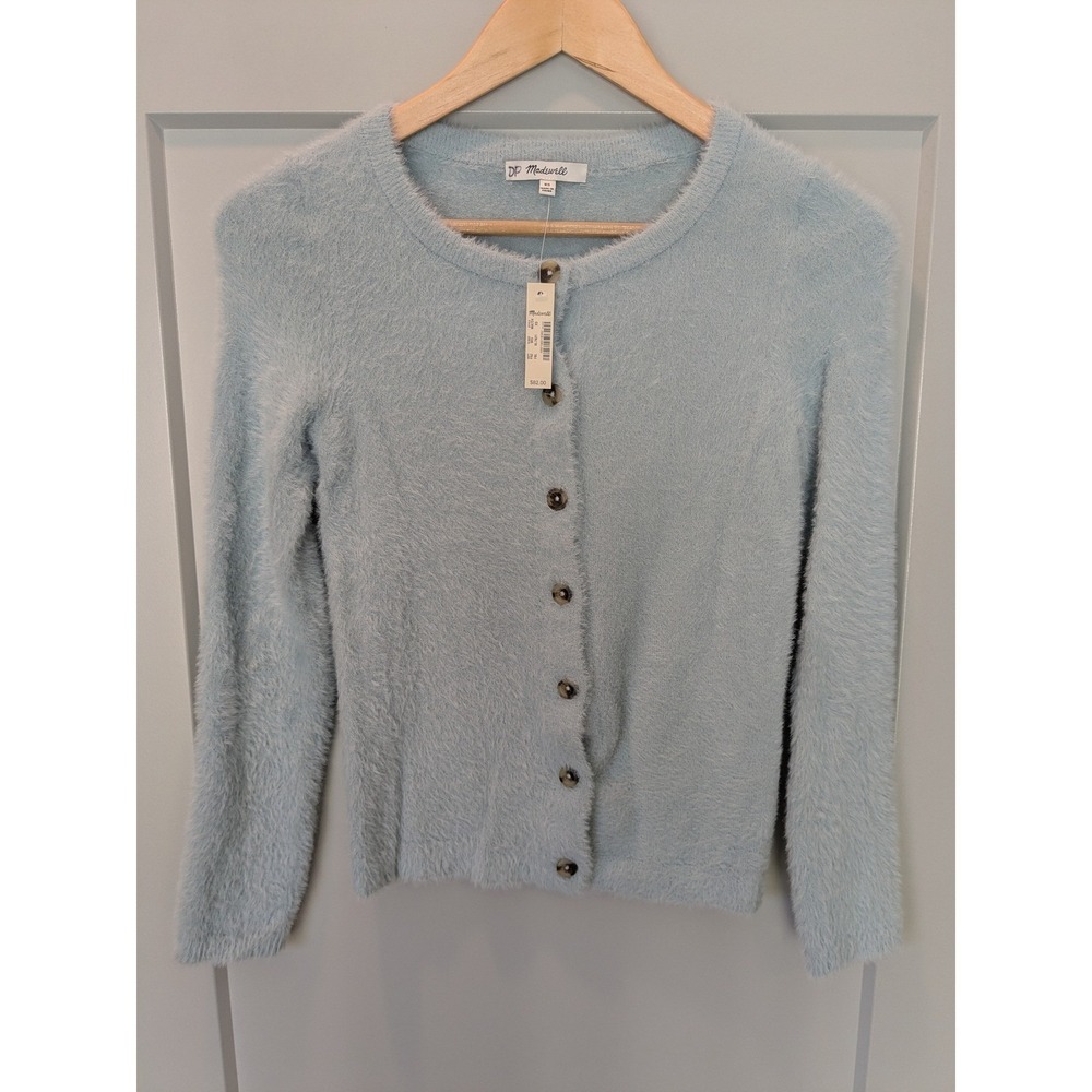 NWT Madewell Fuzzy Cardigan Sweater Baby Blue Crew Neck Button Front‎ XS